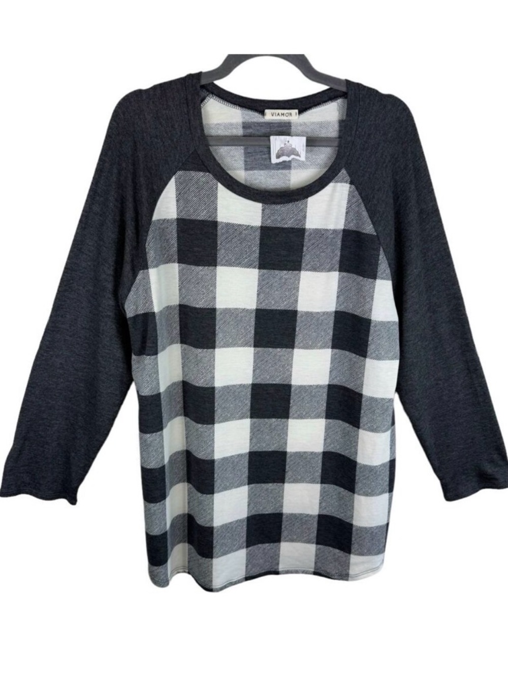 Viamor NWT Gray White Plaid Long Sleeve Lightweight Stretchy Pullover Top Sz 3XL